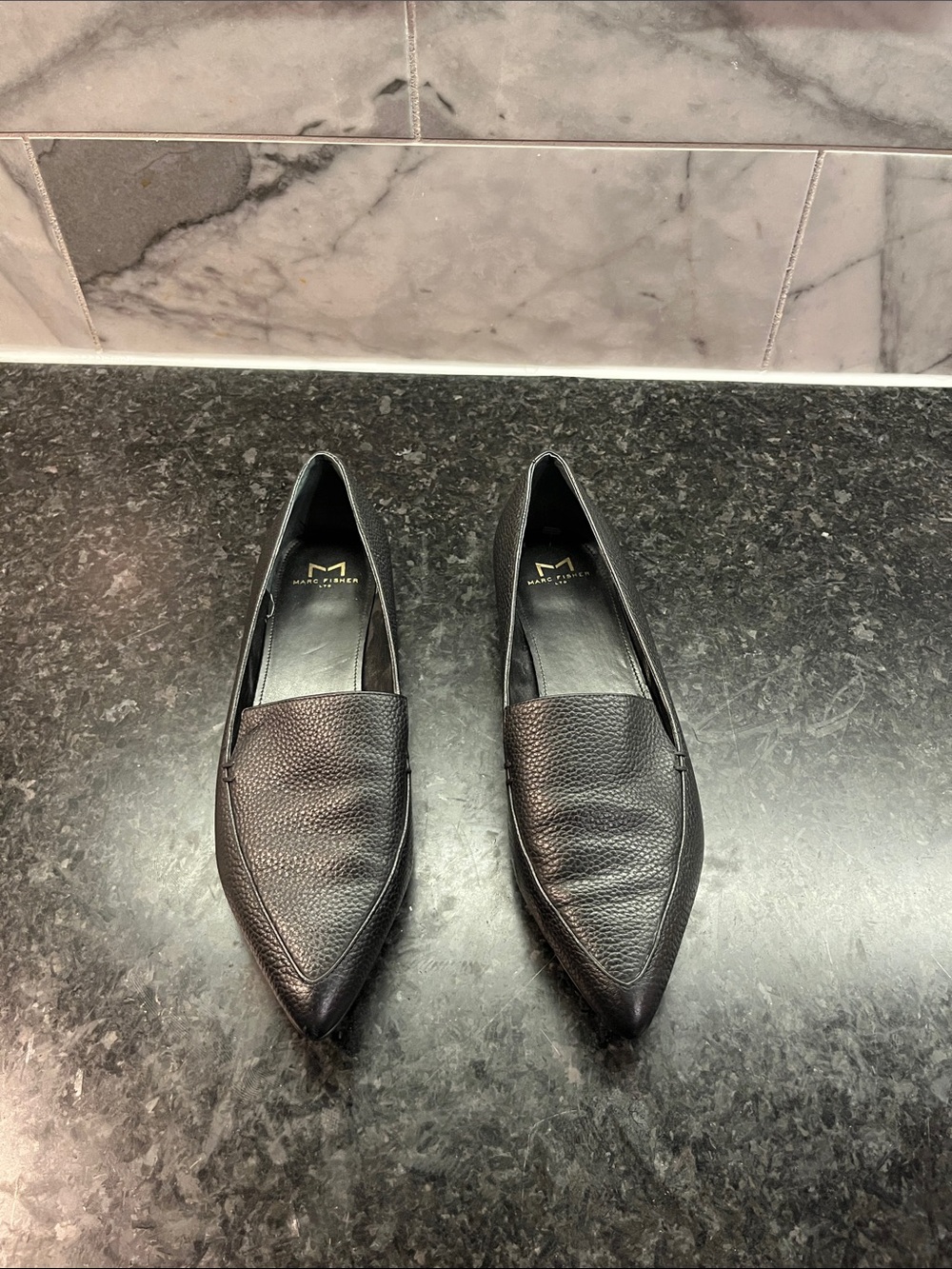 Marc Fisher Black Pointed Leather Loafers — Textured Slip-On Flats